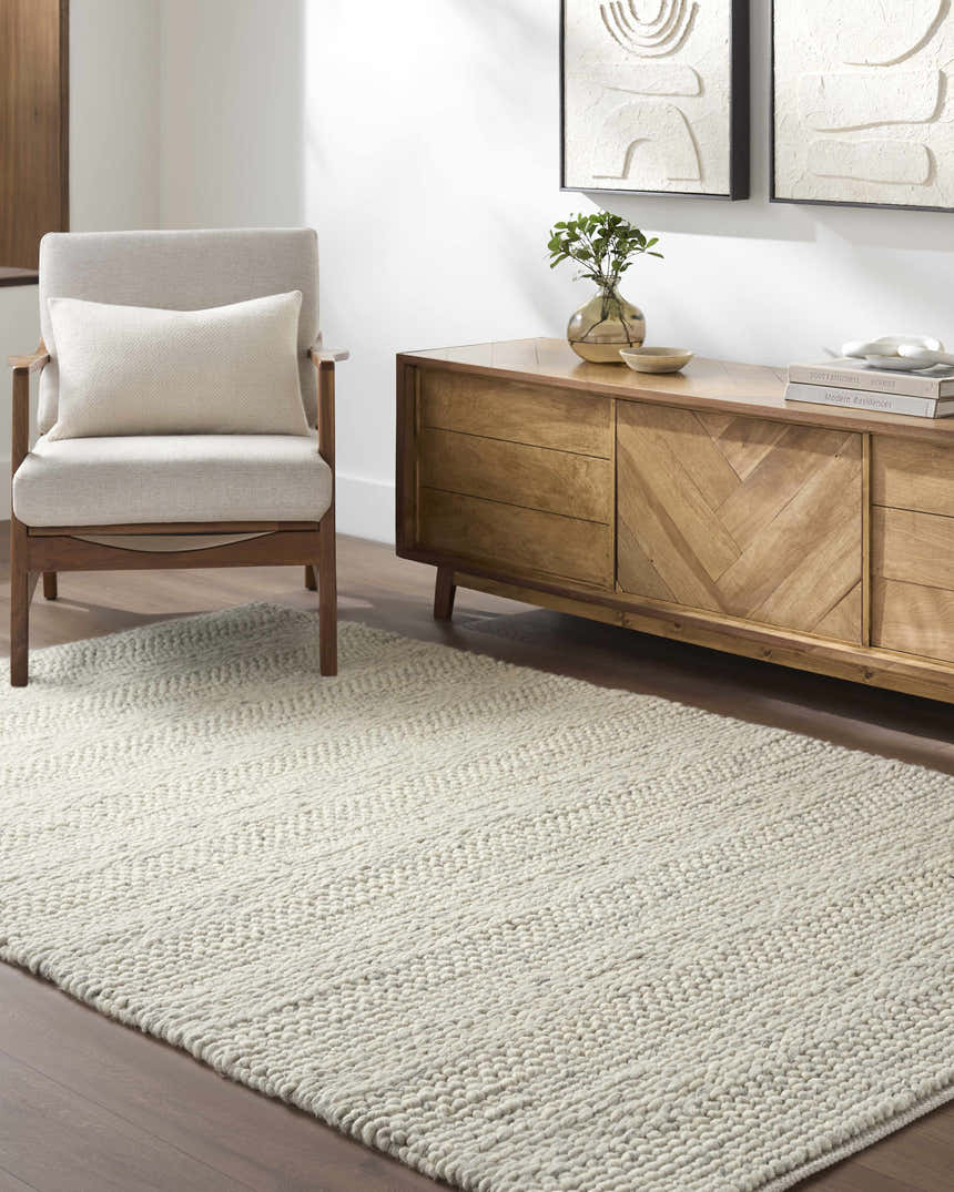 Living room scene with Clarke Textured Braided Stripe - Dark Beige Area Rug, chair, and wood cabinet. Roomscene-Rectangle