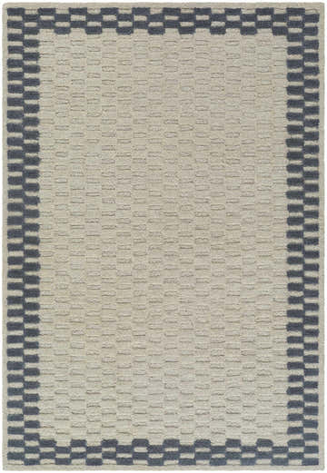 Close up of the hand-tufted Camdyn Area Rug. Ivory rug with charcoal border in a contemporary geometric pattern. 100% Wool. Design-Rectangle-576