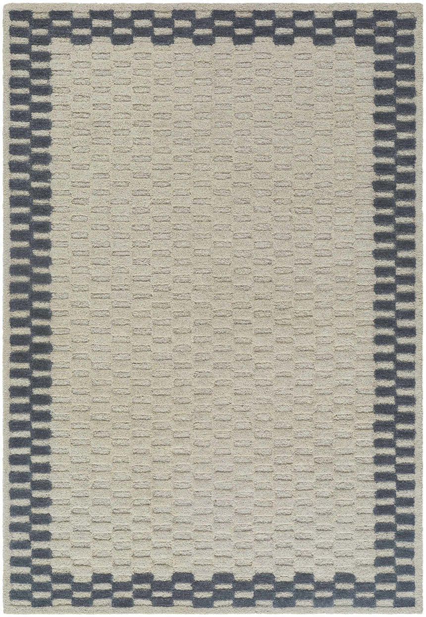 Close up of the hand-tufted Camdyn Area Rug. Ivory rug with charcoal border in a contemporary geometric pattern. 100% Wool. Design-Rectangle-576