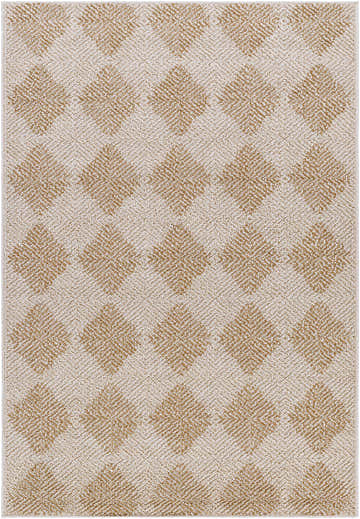 Close-up of the Collen Area Rug, a beige and light beige rug with a diamond pattern. Design-Rectangle-537