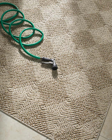 Close-up of the beige Collen Area Rug showing texture and subtle geometric pattern. Green hose and nozzle are on the rug. Styleshot