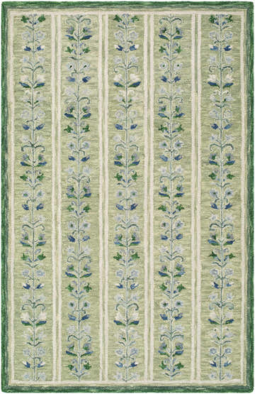 Hand-tufted Callen Light Green Area Rug with floral vine pattern and vertical stripes. 100% Wool. Design-Rectangle-576