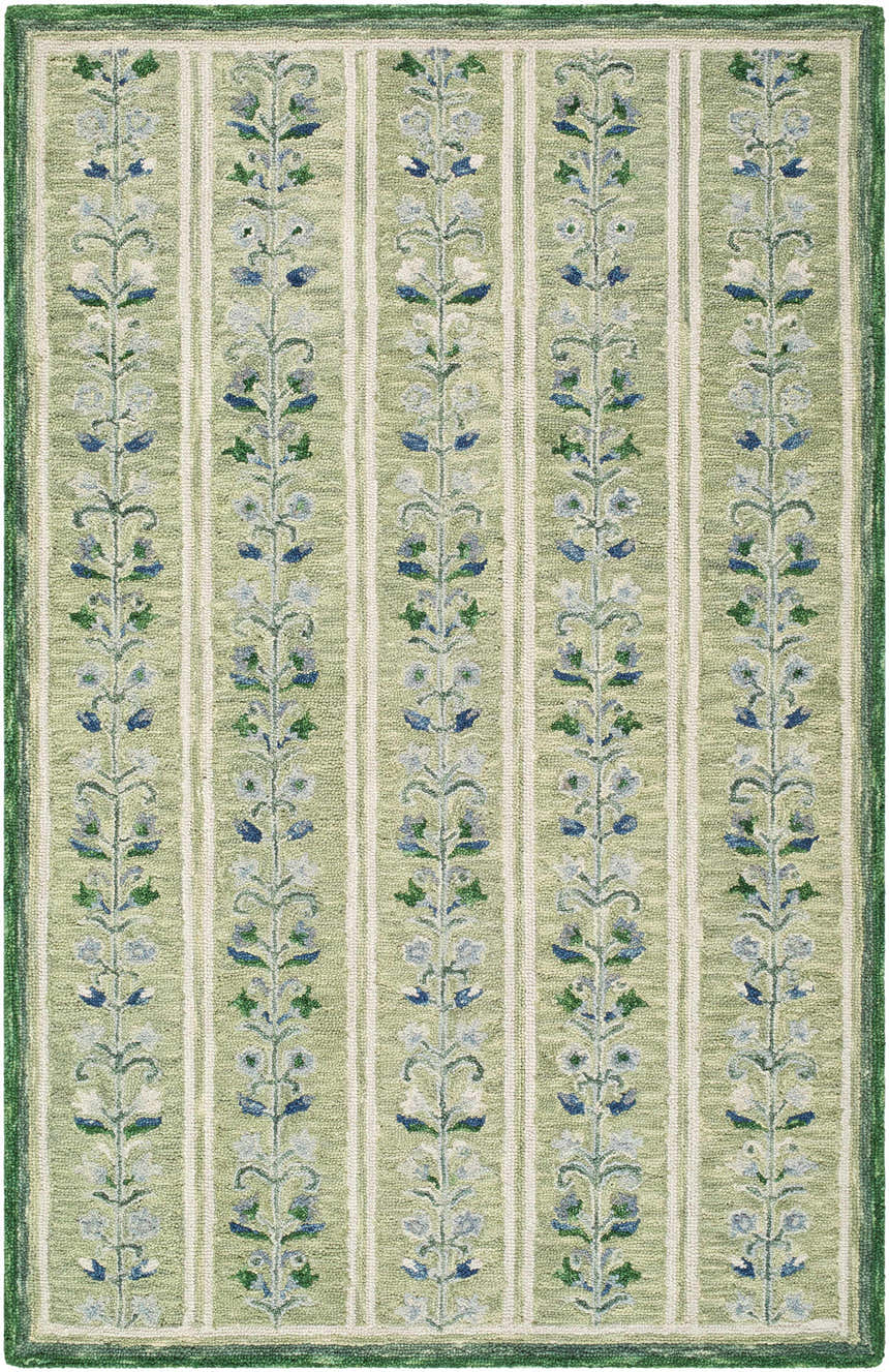 Hand-tufted Callen Light Green Area Rug with floral vine pattern and vertical stripes. 100% Wool. Design-Rectangle-576