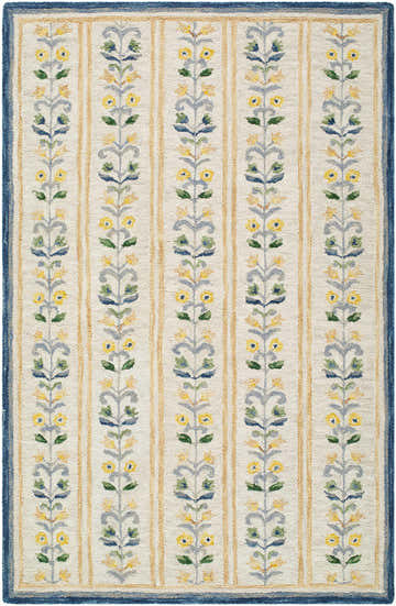 Close-up of the hand-tufted Callen Ivory Area Rug. Features a floral pattern with yellow flowers and a blue border. Design-Rectangle-576