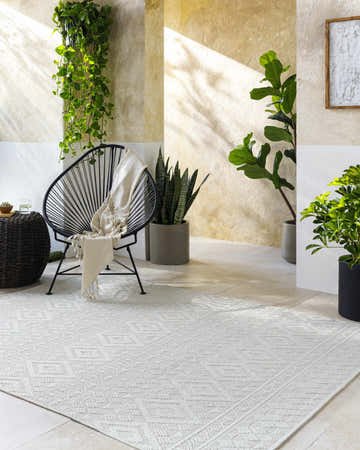 Sunlit patio scene with a silver gray Choire Area Rug, modern chair, and lush potted plants. Roomscene-Rectangle