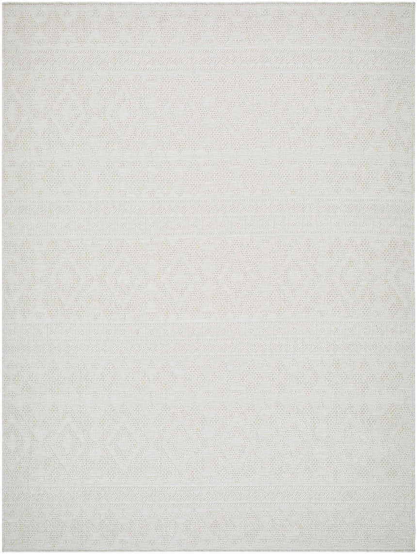 Close-up of the Choire Area Rug, a light silver rug with a subtle geometric diamond pattern and woven texture. Design-Rectangle-537