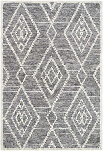 Close-up of the Ceanna Area Rug. Gray wool rug with off-white geometric diamond pattern. Hand-tufted texture. Design-Rectangle-576
