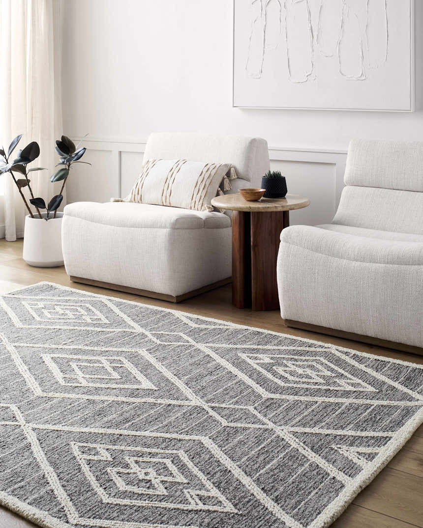 Living room scene with gray and off white Ceanna Area Rug, two white armchairs, wood side table, and neutral decor. Roomscene-Rectangle