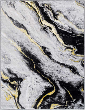 Close-up of the Casmir Area Rug. Contemporary style with black, charcoal, gray, ivory, and light slate colors. Abstract pattern. Design-Rectangle-537