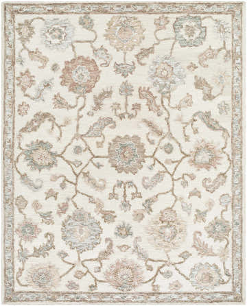 Close-up of the Callum Oushak Area Rug. Hand-tufted wool rug with a traditional floral pattern in ash, brick red, and desert sand. Design-Rectangle-810