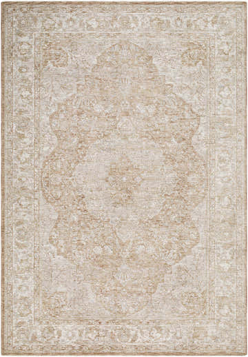 Close-up of the Charae Taupe Area Rug featuring a traditional, farmhouse design and subtle neutral colors. Design-Rectangle-6796