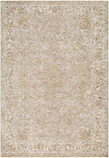 Close-up of the Charae Sandstone Area Rug featuring a traditional, intricate design in neutral beige and brown tones. Design-Rectangle-6796