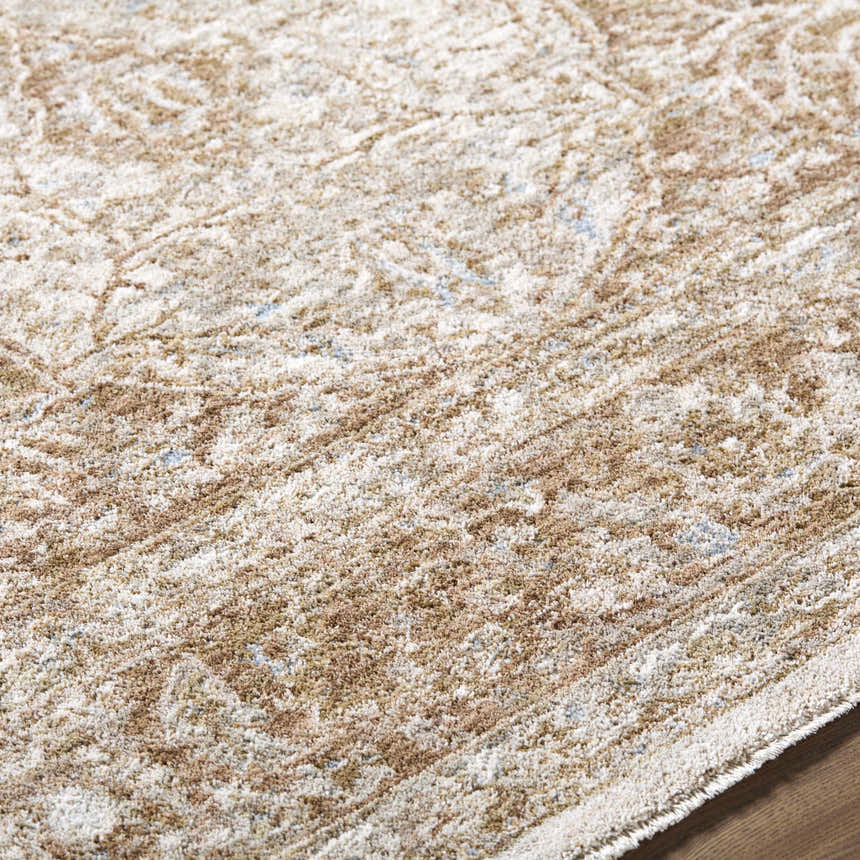 Close-up of the Charae Ivory Area Rug, showing beige, ivory, and sandstone tones in a traditional, machine-woven pattern. Texture