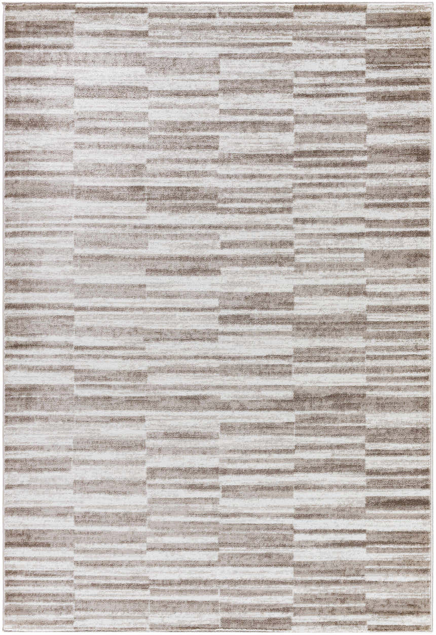 Close-up of Cemach Light Brown Area Rug with a contemporary stripe pattern in light silver, sage, and silver gray. Design-Rectangle-5373