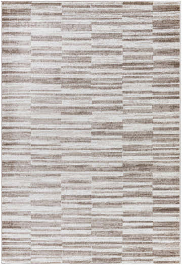 Close-up of Cemach Light Brown Area Rug with a contemporary stripe pattern in light silver, sage, and silver gray. Design-Rectangle-5373