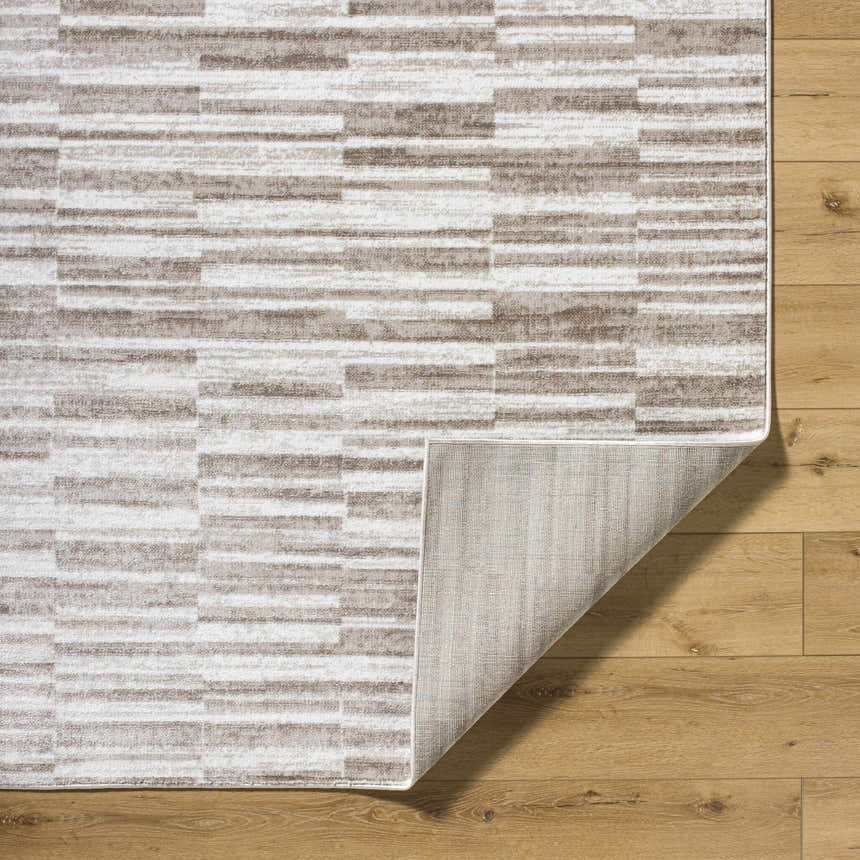 Close-up of Cemach Light Brown Area Rug showing contemporary stripe pattern and polypropylene texture. Fold