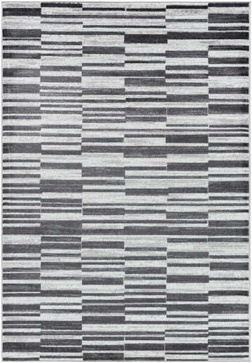Close-up of Cemach Cream Area Rug featuring a contemporary stripe pattern in charcoal, silver, and gray hues. Design-Rectangle-5373