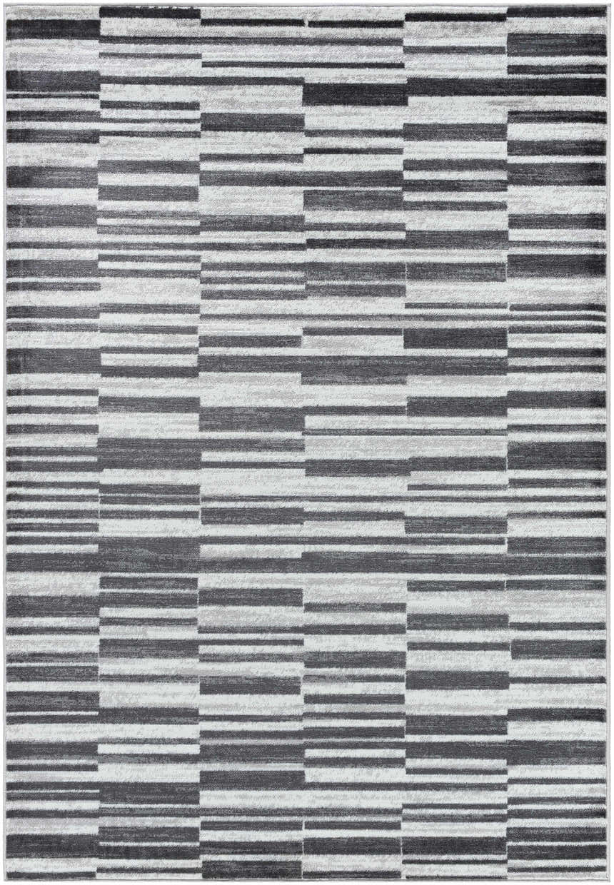 Close-up of Cemach Cream Area Rug featuring a contemporary stripe pattern in charcoal, silver, and gray hues. Design-Rectangle-5373