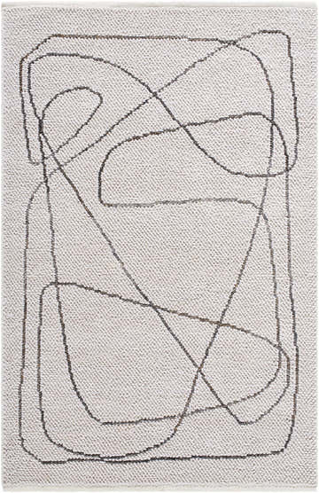 Close-up of the hand-woven Chynna Area Rug. Features a textured, off-white base with a contemporary black line art design. Design-Rectangle-576