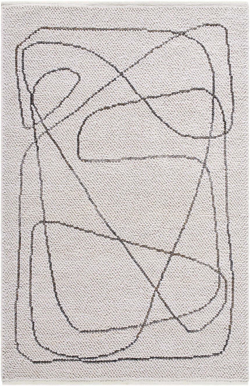 Close-up of the hand-woven Chynna Area Rug. Features a textured, off-white base with a contemporary black line art design. Design-Rectangle-576