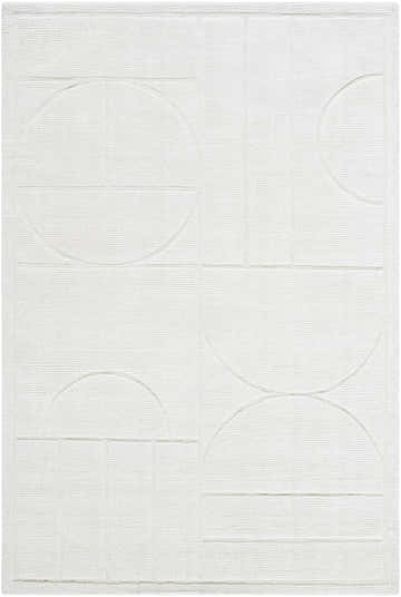 Close-up of the off-white Carola Area Rug. Hand-loomed wool rug with a contemporary geometric pattern of circles and rectangles. Design-Rectangle-576