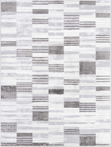 Close-up of the Chiaki Light Gray Area Rug featuring a contemporary block and stripe pattern in ivory, light, and silver gray. Design-Rectangle-537
