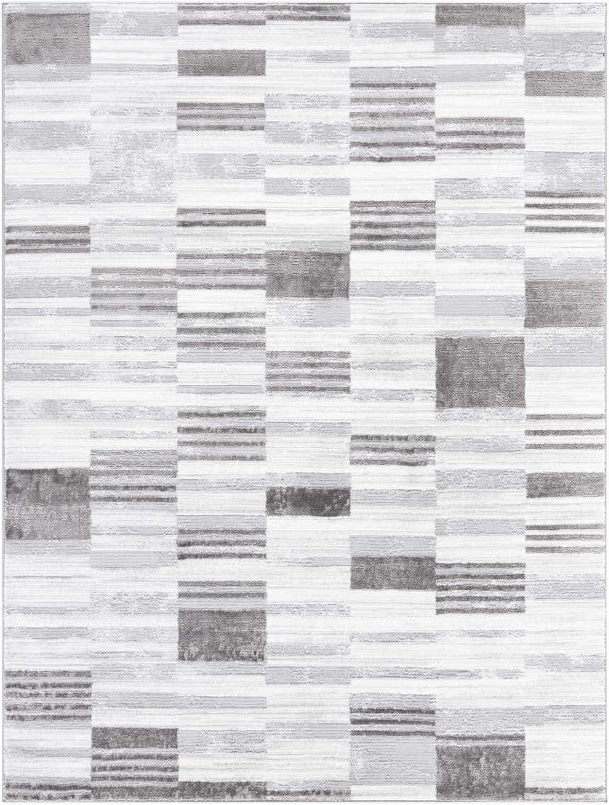 Close-up of the Chiaki Light Gray Area Rug featuring a contemporary block and stripe pattern in ivory, light, and silver gray. Design-Rectangle-537