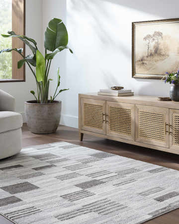Living room scene with a light gray Chiaki Area Rug, wood cabinet, and potted plant. Roomscene-Rectangle