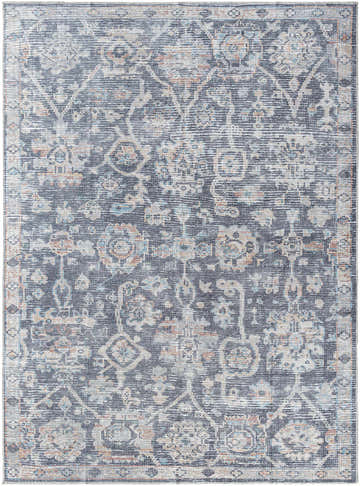Close-up of Cheick Washable Area Rug - Vivir x Livabliss. Navy, off-white, and orange traditional floral pattern. Design-Rectangle-537