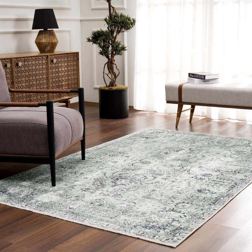 Living room with traditional decor and Green Holi-4605 Washable Area Rug. Olive and neutral tones create a serene space. Roomscene-Rectangle