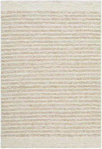 Close-up of the hand woven Arlais Striped Area Rug. Ash, desert sand, and pearl stripes create a farmhouse style. Design-Rectangle-5377