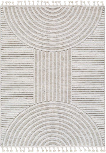 Close-up of the Cassie Area Rug, cream and peach geometric design with tassels. Design-Rectangle-537