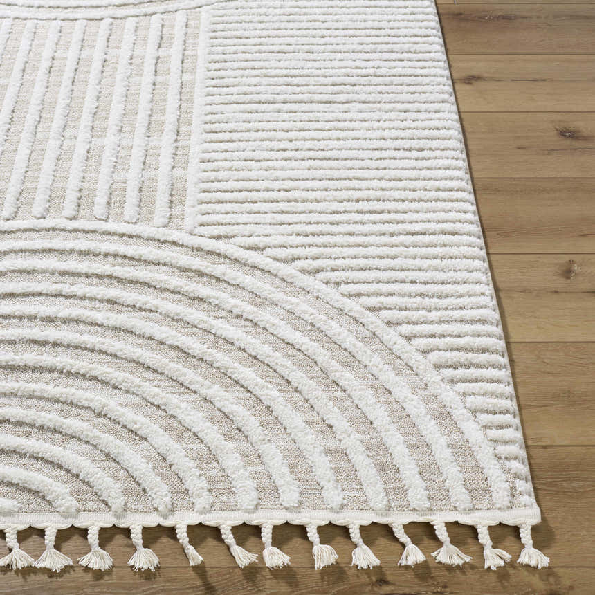 Close up of the Cassie Area Rug featuring a cream geometric design and braided tassels. Front