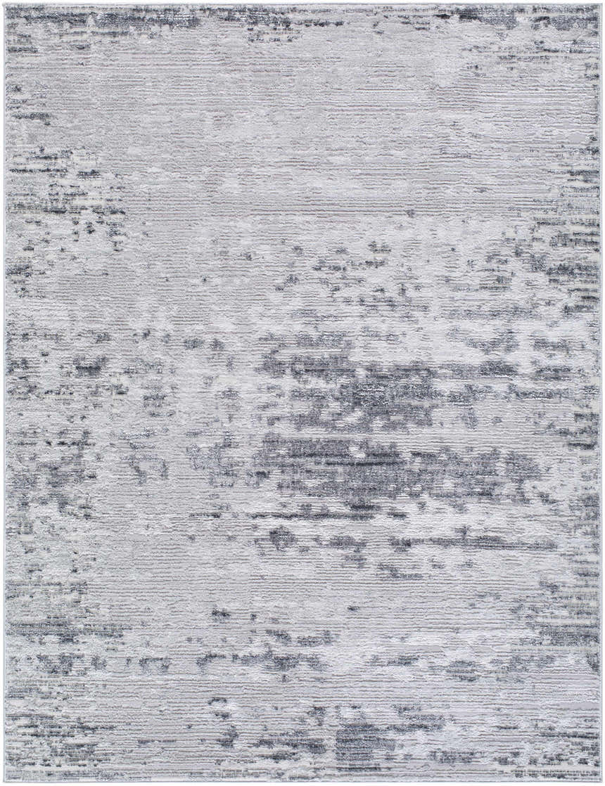 Close-up of the Candie Gray Area Rug. Contemporary design with cream, ivory, and light gray hues. Machine woven texture. Design-Rectangle-537