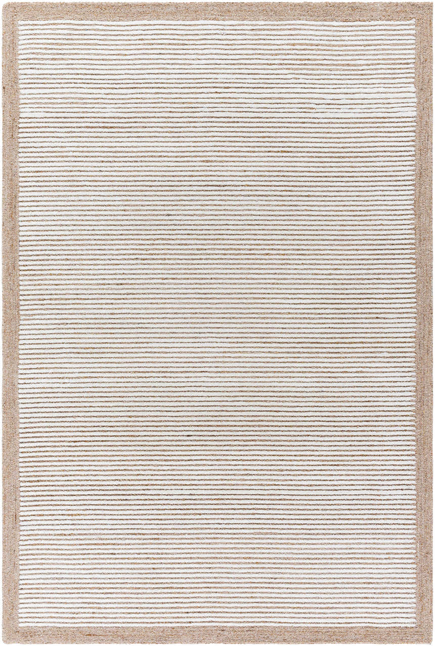 Close-up of the Cianna Area Rug. Hand-tufted wool rug with beige stripes and a tan border. Design-Rectangle-576