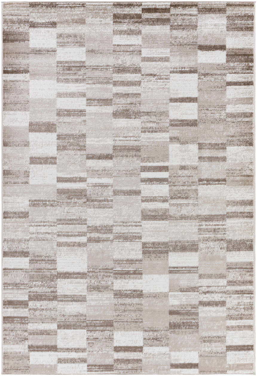 Close-up of the Cherie Light Brown Area Rug, a contemporary rug with light silver, sage, and silver gray tones. Design-Rectangle-5373