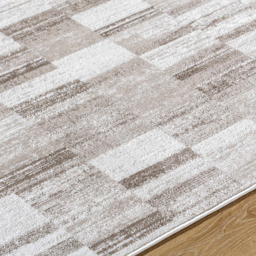 Close-up of the Cherie Light Brown Area Rug showing a contemporary light silver and sage geometric pattern. Texture