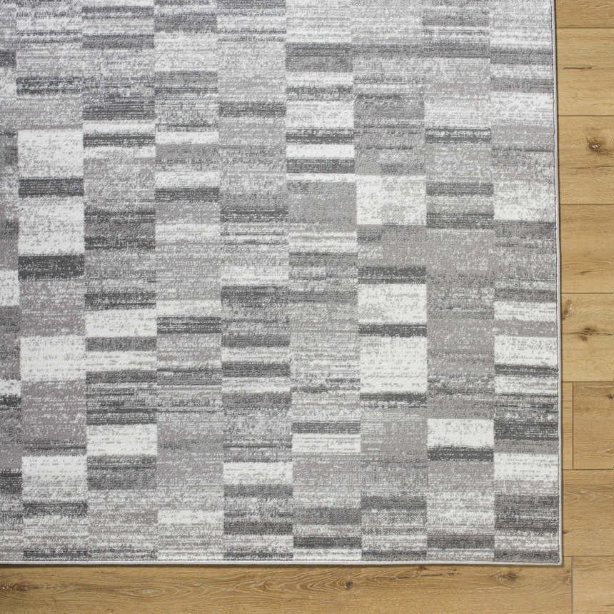 Close-up of the Cherie Medium Gray Area Rug showing its light silver, sage, and silver gray geometric pattern and texture. Corner