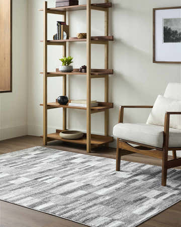 Living room scene with a gray Cherie area rug, wood shelving unit, and mid-century modern chair. Roomscene-Rectangle