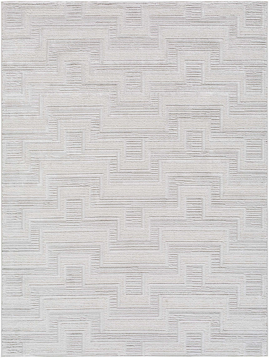 Close-up of the Cormac Area Rug. Cream and ivory rug with a contemporary geometric pattern and soft, textured pile. Design-Rectangle-537