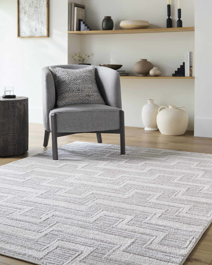 Living room scene with a gray chair on the cream and light gray Cormac Area Rug. Modern decor on shelves. Roomscene-Rectangle