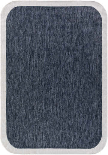 Close-up of the Chetan Navy Outdoor Rug. Features a cream border and navy blue woven texture. Design-Rectangle-537