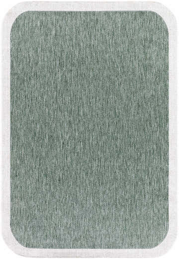 Close-up of Chetan Green Area Rug. Polypropylene rug in shades of green with a cream border. Machine woven texture. Design-Rectangle-537