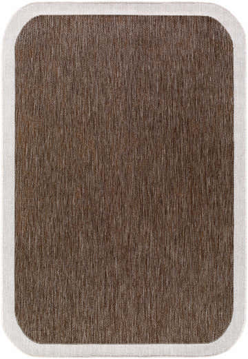 Close-up of Chetan Dark Brown Area Rug. Polypropylene rug with cream border, machine woven texture. Farmhouse style. Design-Rectangle-537
