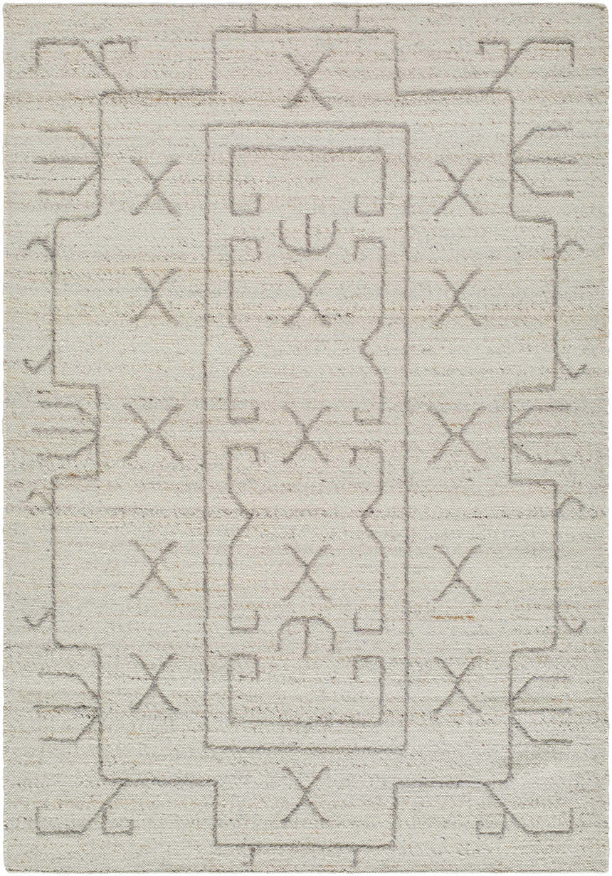 Close-up of the hand woven Chanda Area Rug. Beige wool rug with a contemporary geometric pattern. Design-Rectangle-537