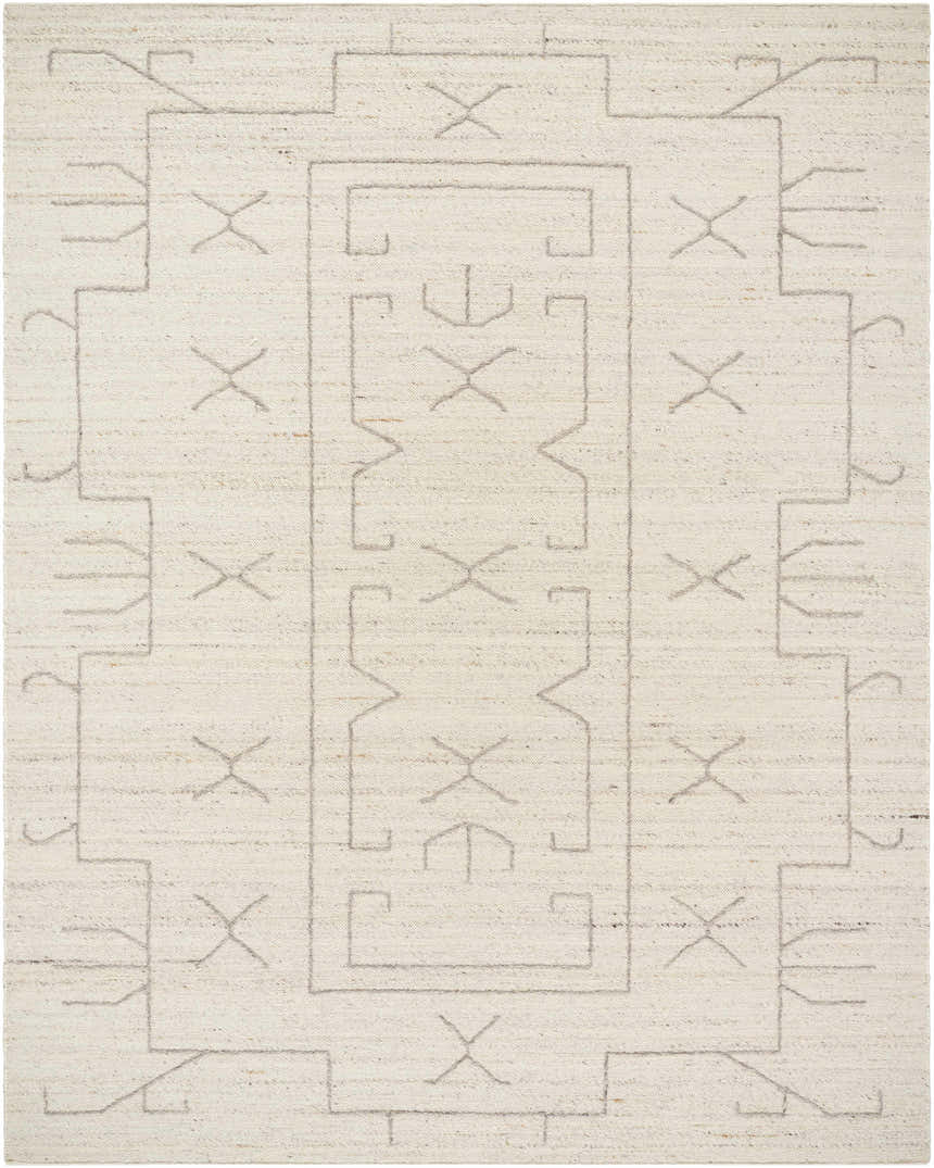 Close-up of the hand-woven Chanda Area Rug. Beige wool rug with a contemporary geometric pattern. Design-Rectangle-810