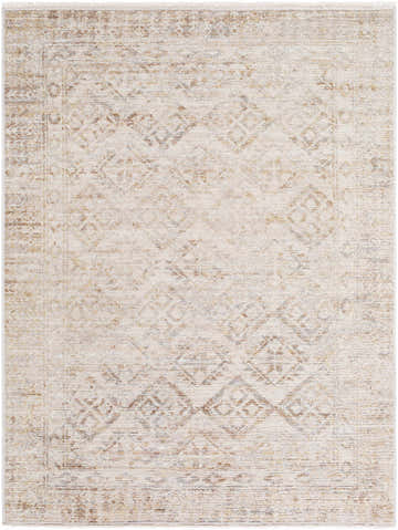 Close-up of the Cadell Area Rug, a beige and ivory farmhouse style rug with a traditional diamond pattern. Design-Rectangle-57