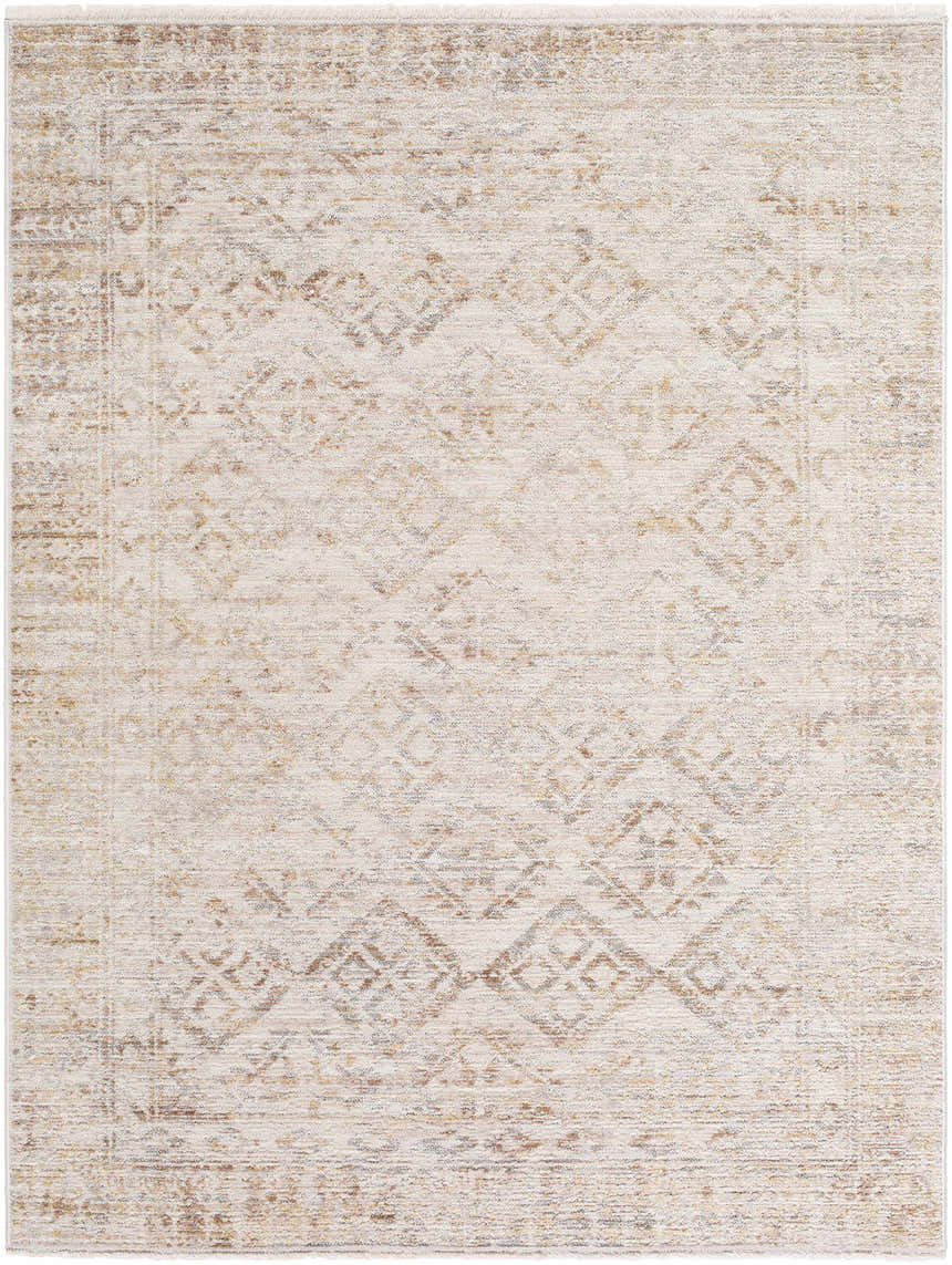 Close-up of the Cadell Area Rug, a beige and ivory farmhouse style rug with a traditional diamond pattern. Design-Rectangle-57