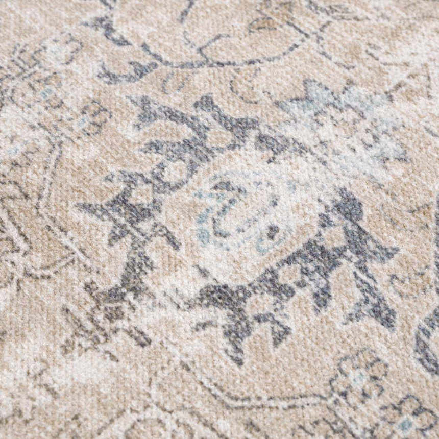 Close-up of the Beige Holi-4600 Washable Area Rug, featuring a traditional vintage pattern in cream, brown, and peach tones. Texture