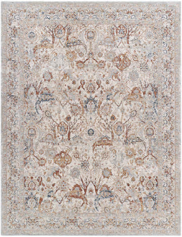 Close-up of the Chikao Cream Area Rug featuring beige, mustard, and pale blue traditional floral patterns. Design-Rectangle-710102
